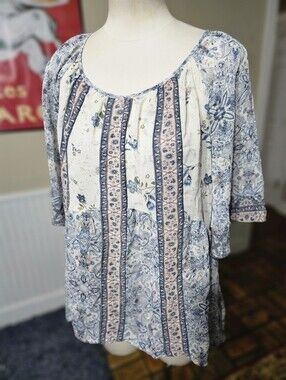 Knox Rose Boho Floral Stripe Women's Peasant Top, Blue & Cream, Sz L